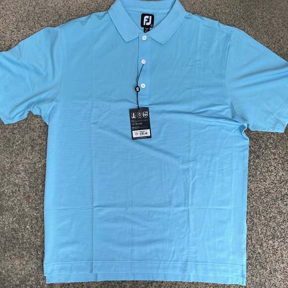 Men's FJ Foot Joy 3 Button Knit SS Golf Shirt Size Large NWT Turquoise Stripped - Picture 1 of 4